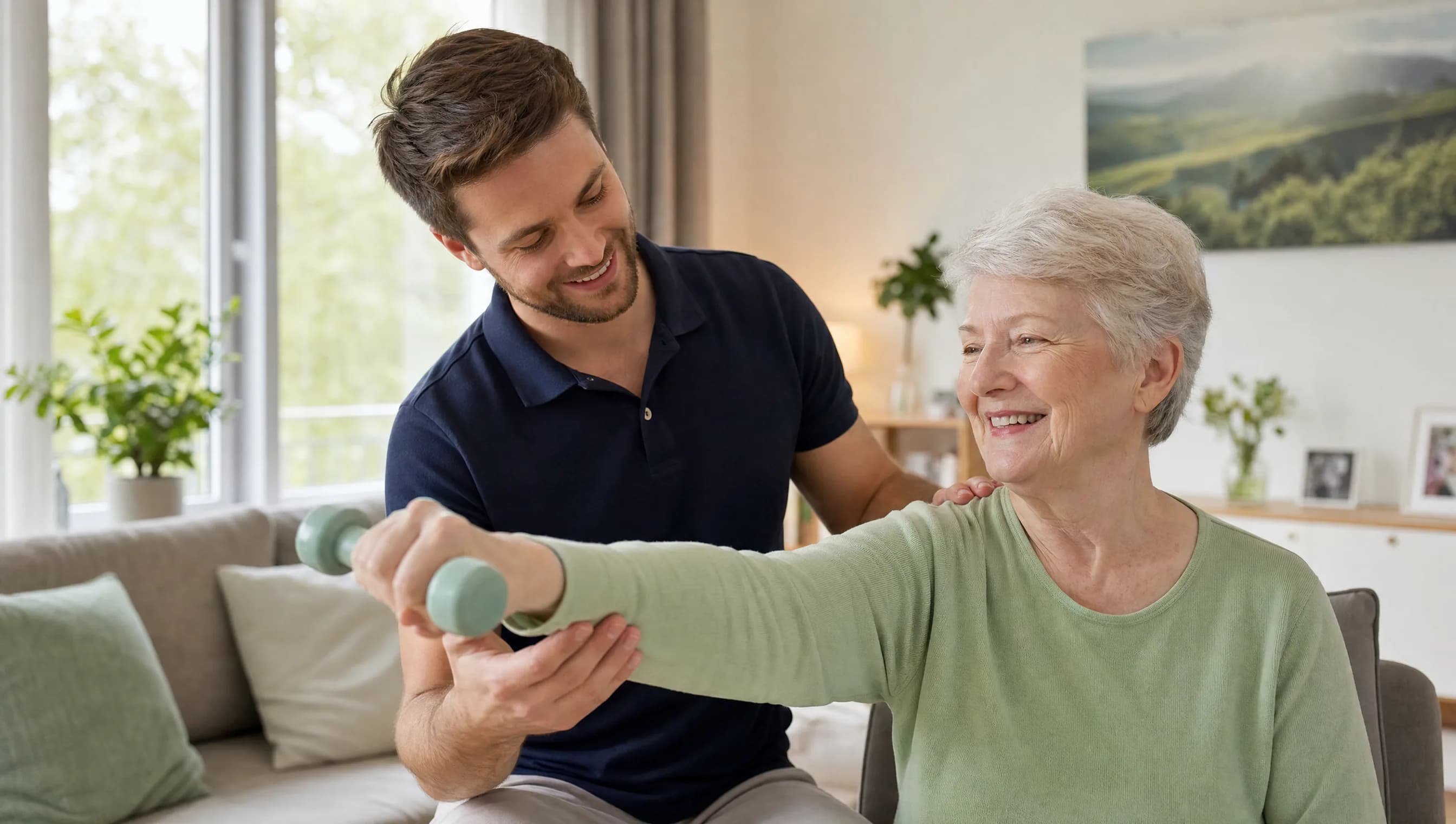 Physiotherapeut Jason Henne behandelt eine Patientin im Hausbesuch